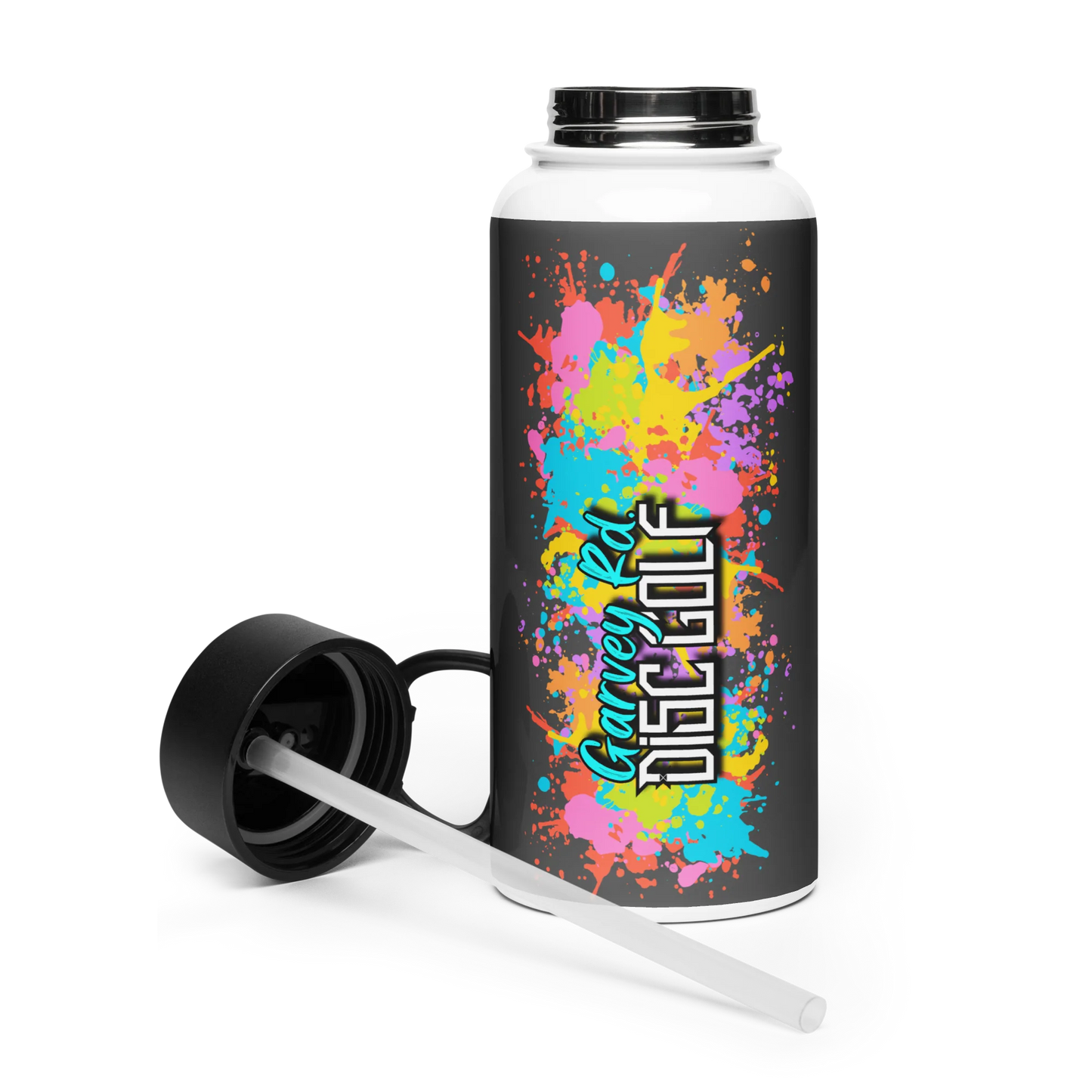 Garvey Rd. Disc Golf "Paint Splatter" Stainless Steel Water Bottle w/ Straw Lid