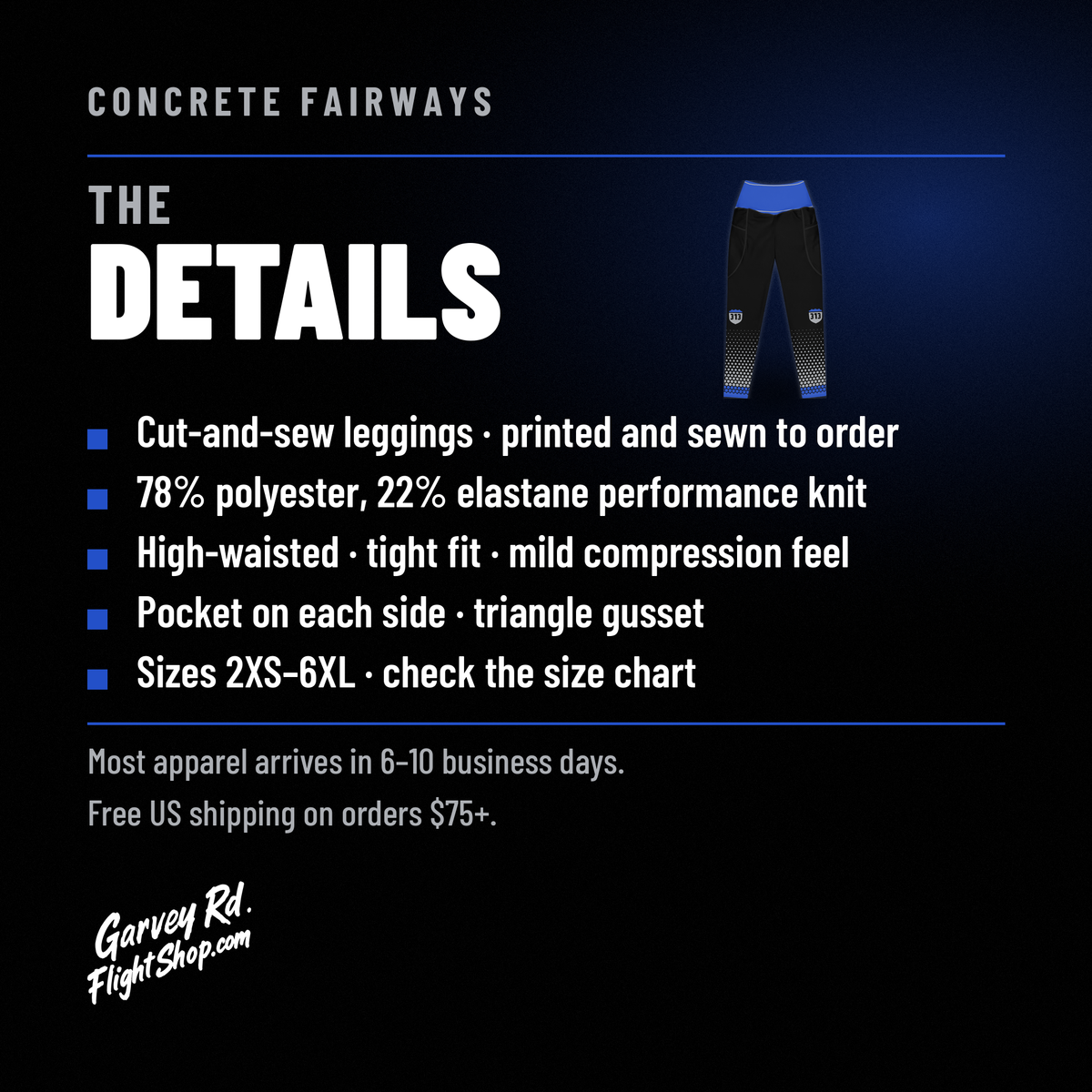 Concrete Fairways leggings details: 78% polyester, 22% elastane, high-waisted, pocket on each side, sizes 2XS–6XL