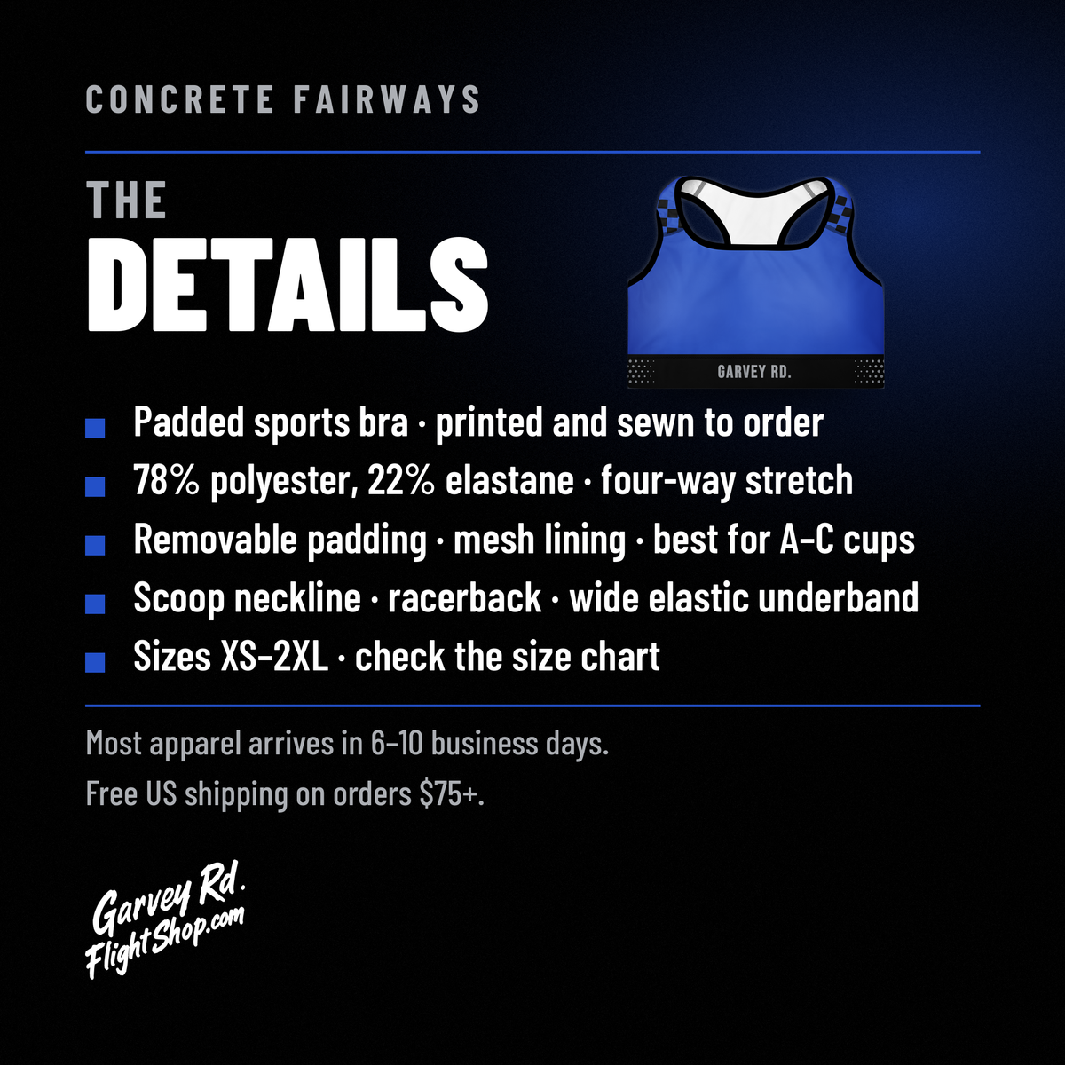 Concrete Fairways sports bra details: padded, 78% polyester, 22% elastane, removable padding, scoop neck racerback, sizes XS–2XL