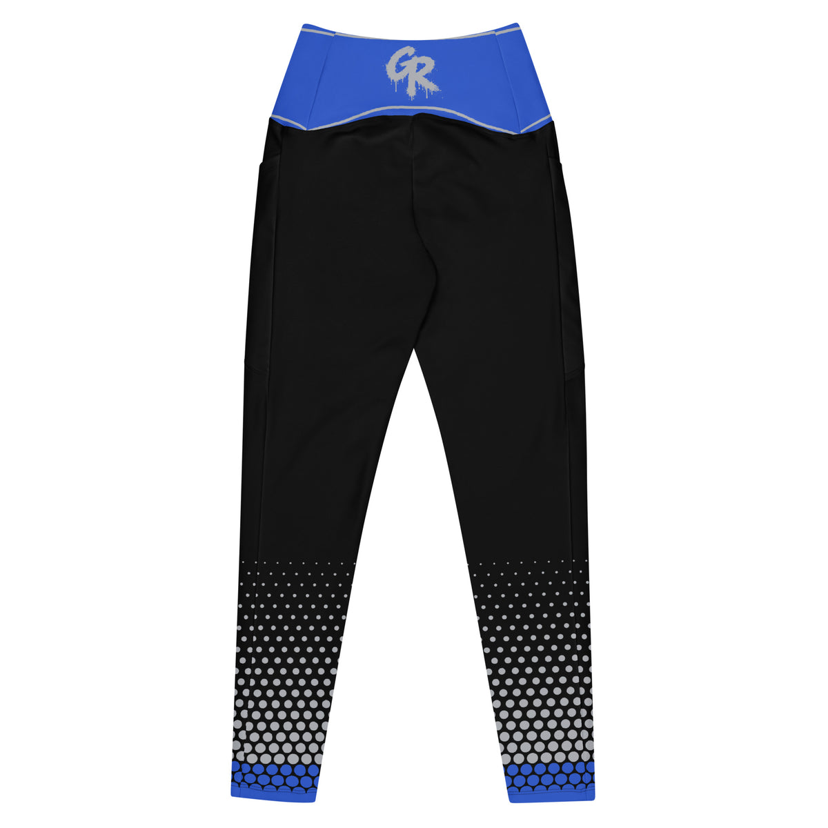 Back of black Concrete Fairways leggings with royal pinstriped waistband and gray drip GR logo
