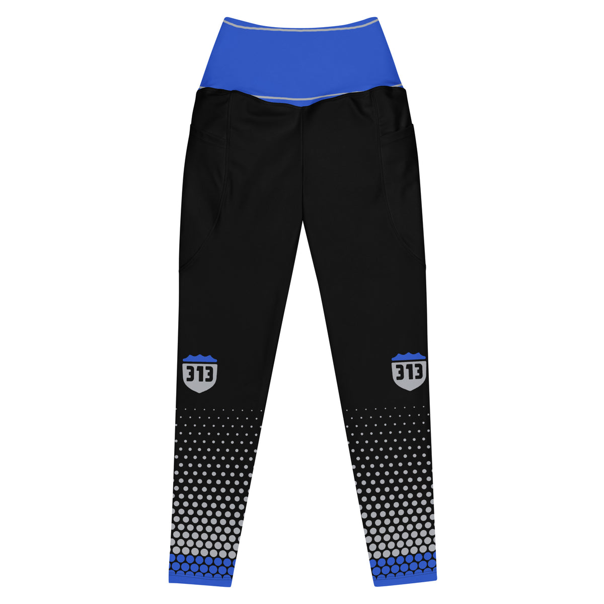 Black Concrete Fairways women's leggings with royal cuffs, gray hex-dot fade and a 313 shield on each leg