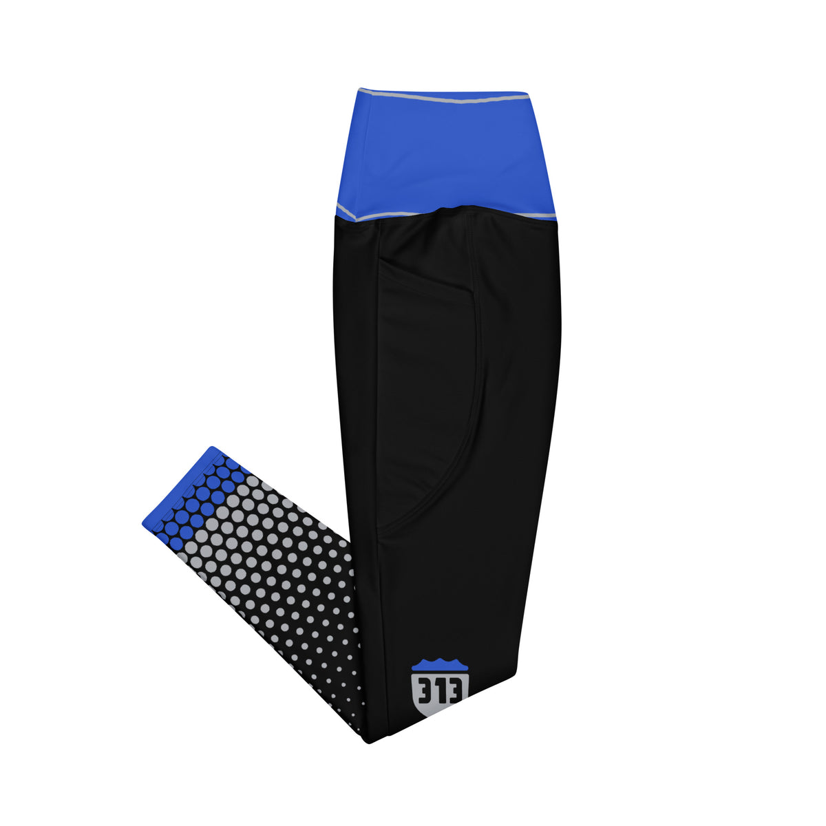 Right side view of Concrete Fairways women's leggings with side pocket, royal ankle cuff and 313 shield