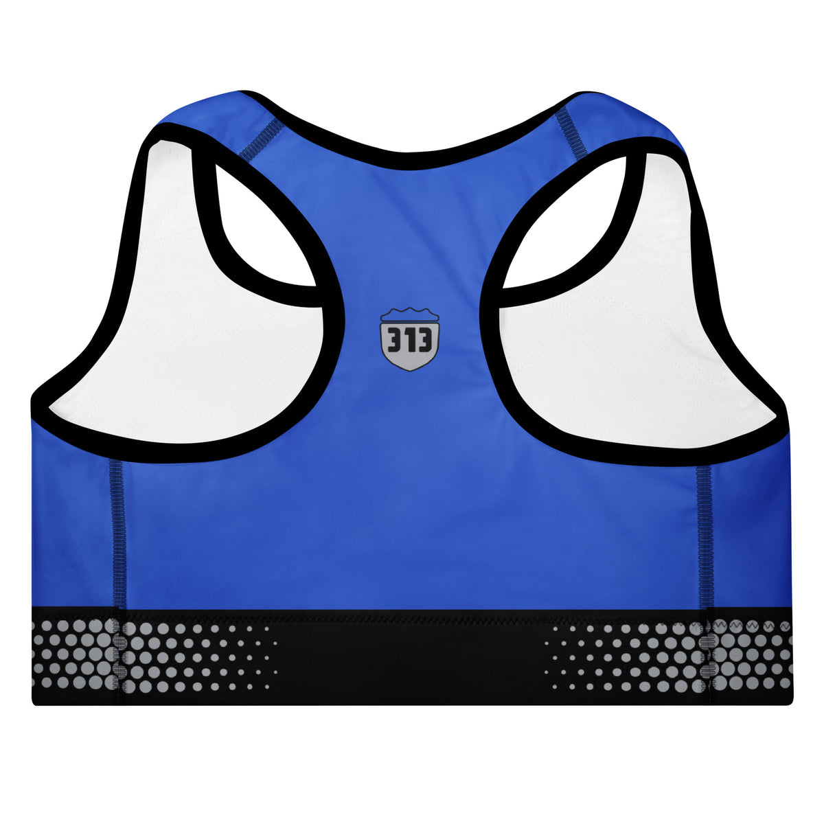 Back of royal Concrete Fairways racerback sports bra with a 313 shield and black band