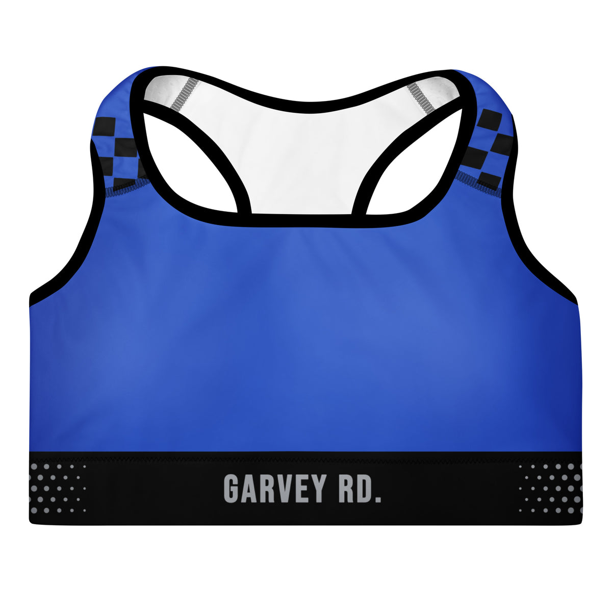 Royal Concrete Fairways sports bra with black underband, gray GARVEY RD. lettering and checkered-flag straps