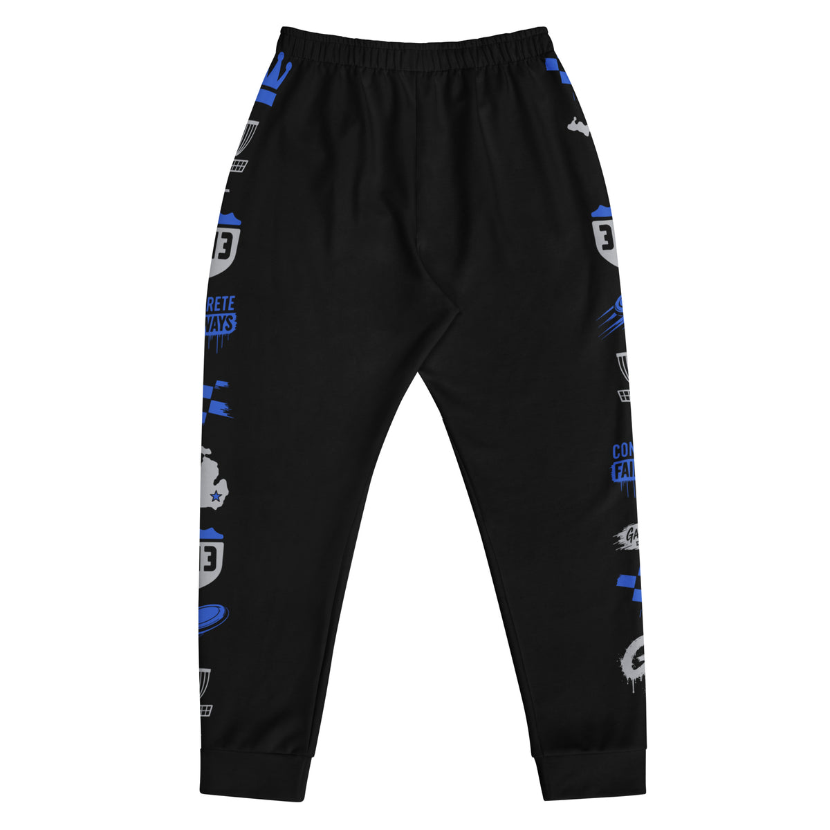 Back of black Concrete Fairways disc golf joggers showing the royal and gray motif columns on both outer legs