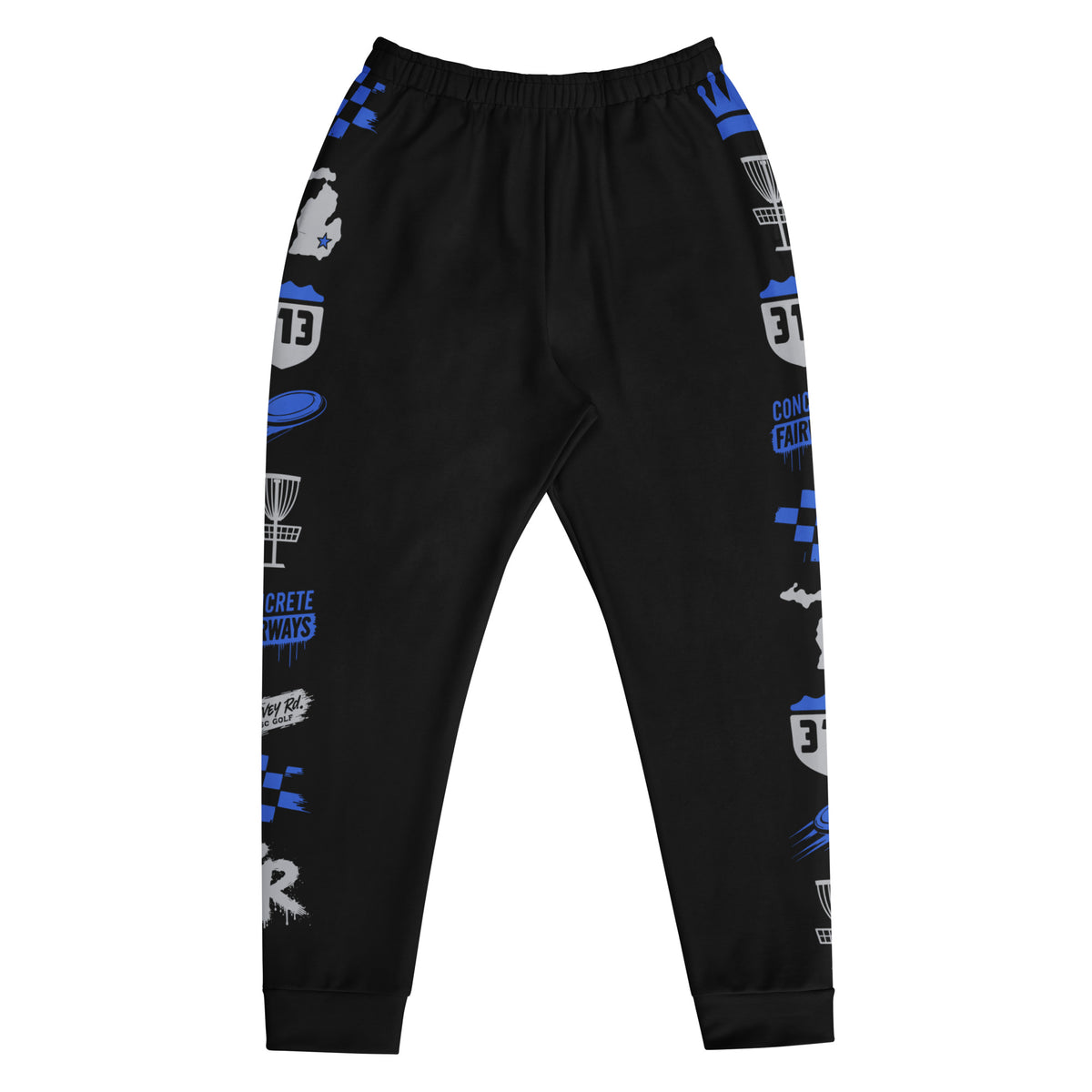Front of black Concrete Fairways disc golf joggers with royal and gray 313, Michigan and basket art down each leg