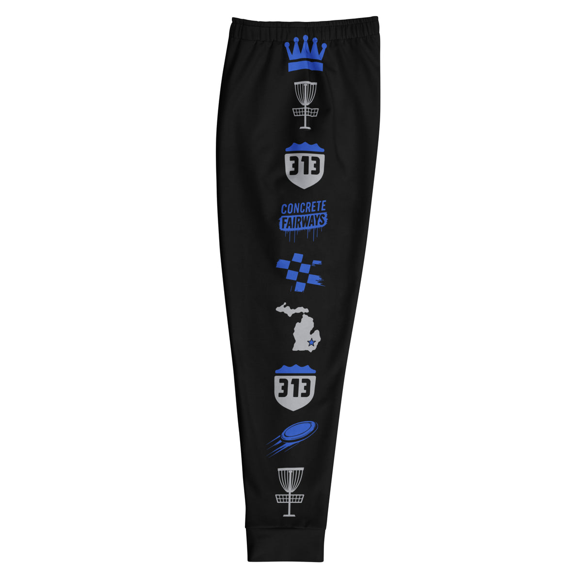 Left leg of black disc golf joggers: royal crown, basket, 313 shields, Concrete Fairways tag, Michigan and disc