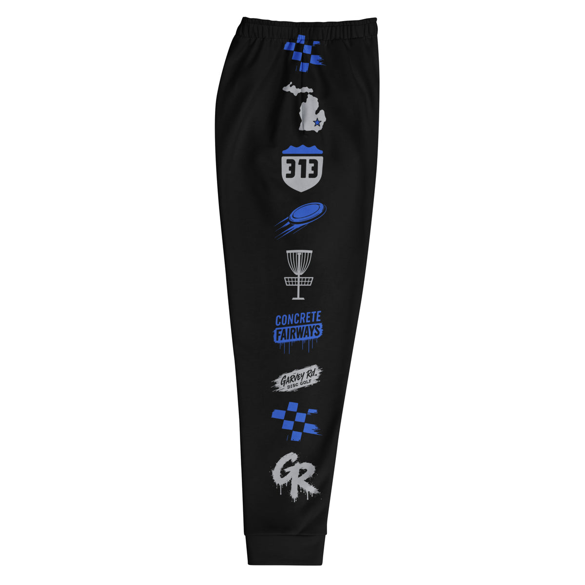 Right leg of black disc golf joggers: checker flag, Michigan, 313 shield, disc, basket, Concrete Fairways and drip GR