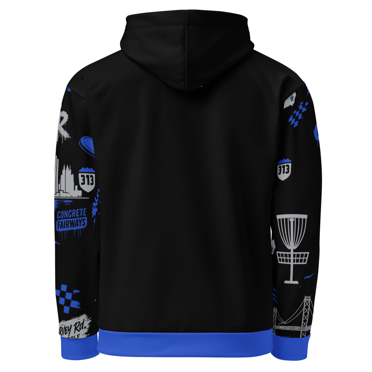 Back of the black Concrete Fairways hoodie with royal and gray Detroit pattern sleeves, royal hem band and royal cuffs