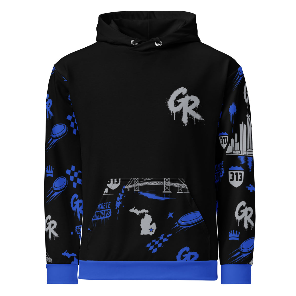 Black Concrete Fairways hoodie front: gray drip GR on the chest, royal and gray pattern sleeves and pocket, royal hem, cuffs
