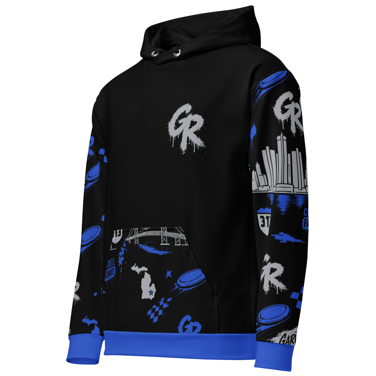Left-front angle of the Concrete Fairways hoodie: gray drip GR chest logo, Detroit skyline sleeve and patterned pocket
