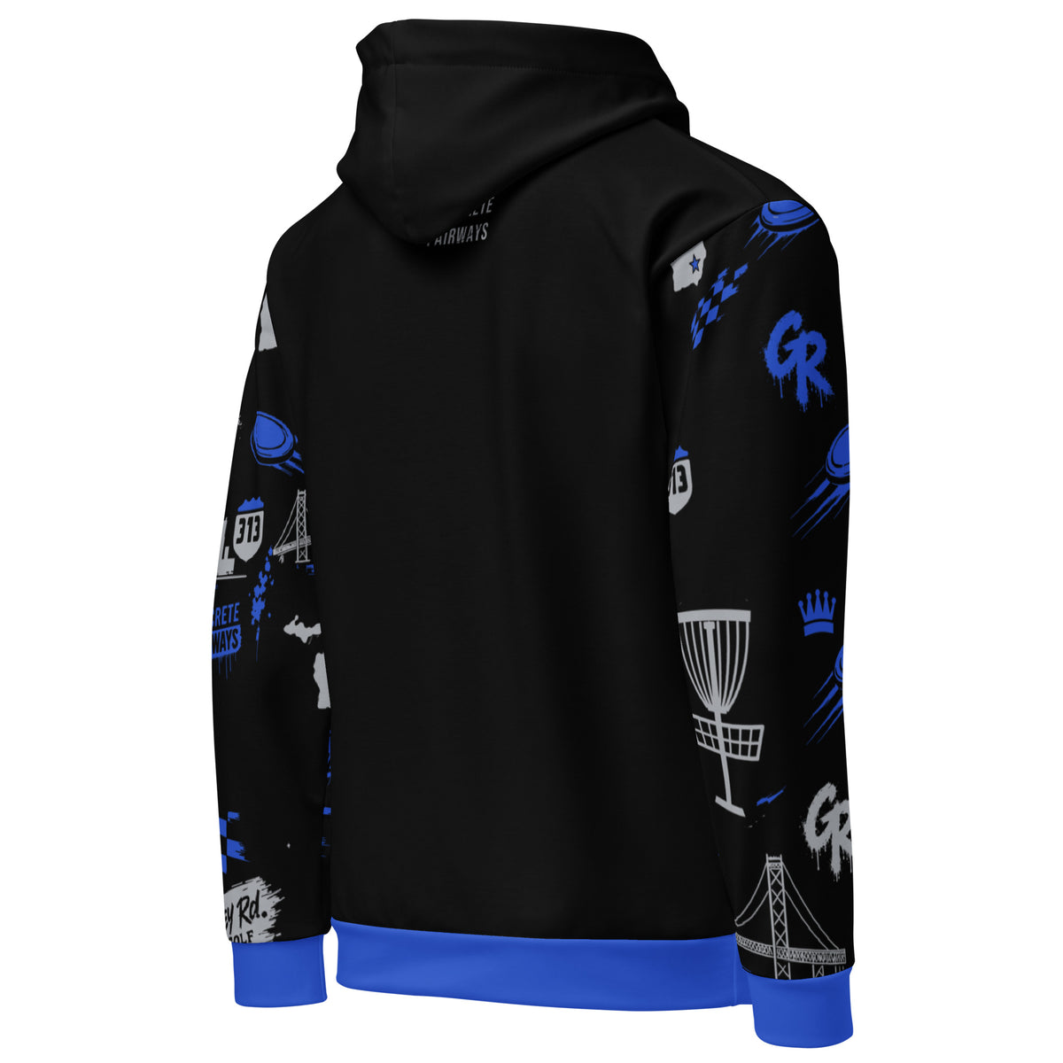 Right-back view of the black hoodie: small gray CONCRETE FAIRWAYS below the hood and pattern sleeves with a disc golf basket