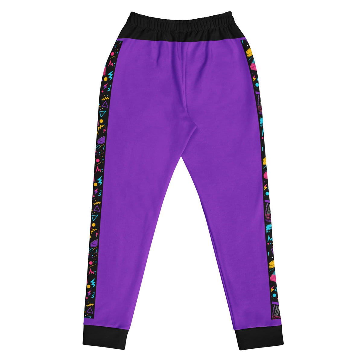 Back of the purple Retro Runs women's disc golf joggers with the black Retro Runs pattern stripe down each outer leg and black cuffs