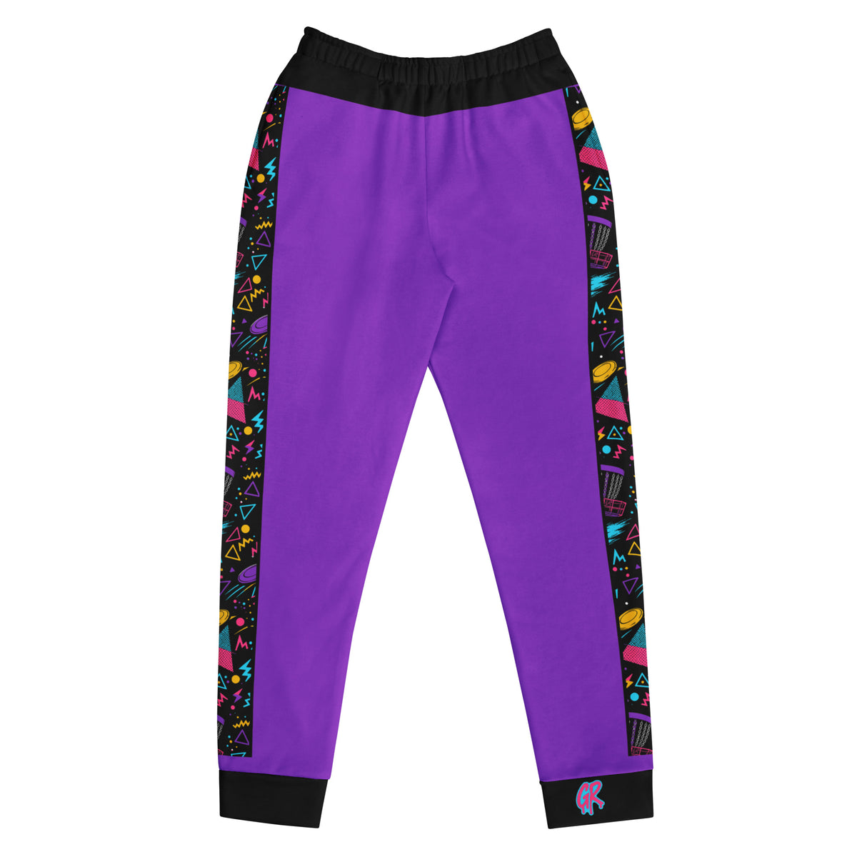 Front of the purple Retro Runs women's disc golf joggers with a black 90s disc and basket stripe down each leg, black waistband and cuffs, and a pink and cyan GR on the left cuff