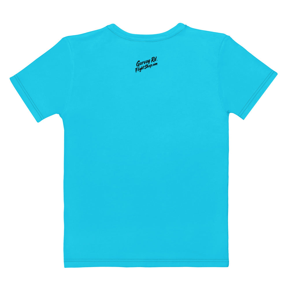Garvey Rd. Disc Golf 'Retro Runs' women's jersey tee in cyan, back