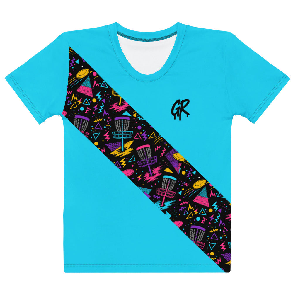 Garvey Rd. Disc Golf 'Retro Runs' women's jersey tee in cyan with pattern sash, front