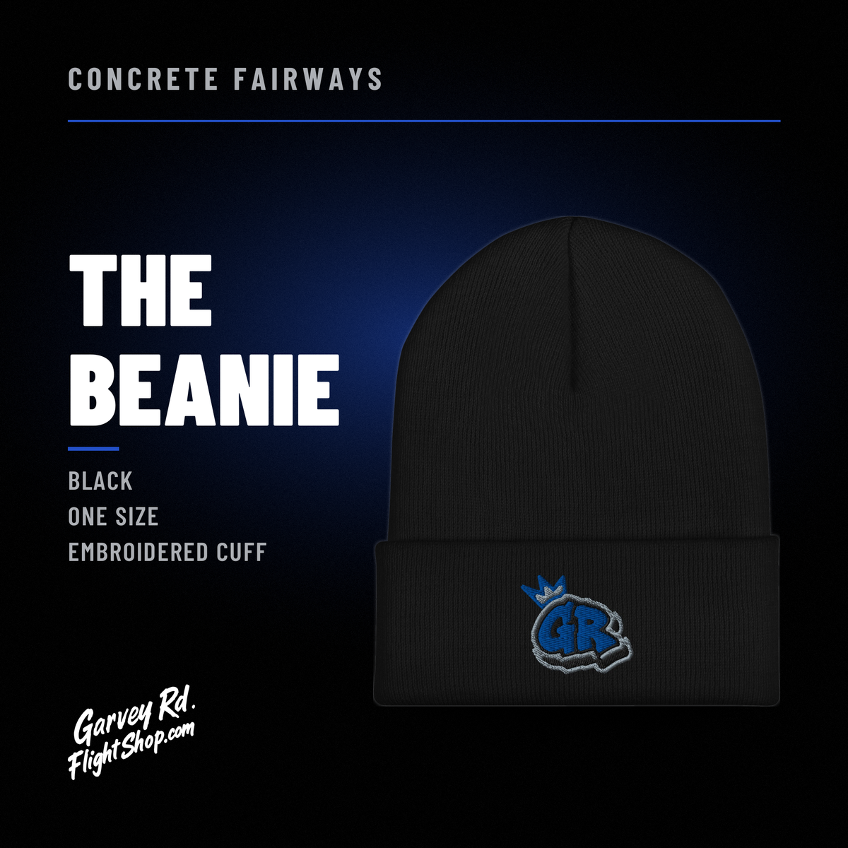Concrete Fairways black cuffed beanie with royal and gray crowned GR embroidery, Garvey Rd. Flight Shop