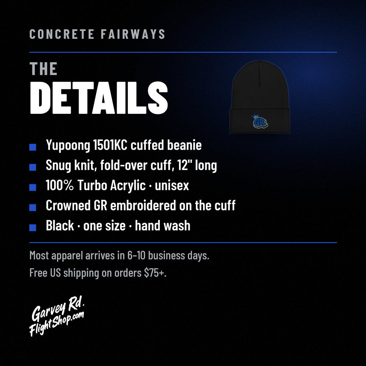 Concrete Fairways cuffed beanie details: Yupoong 1501KC, snug knit with fold-over cuff, 100% acrylic, one size, black