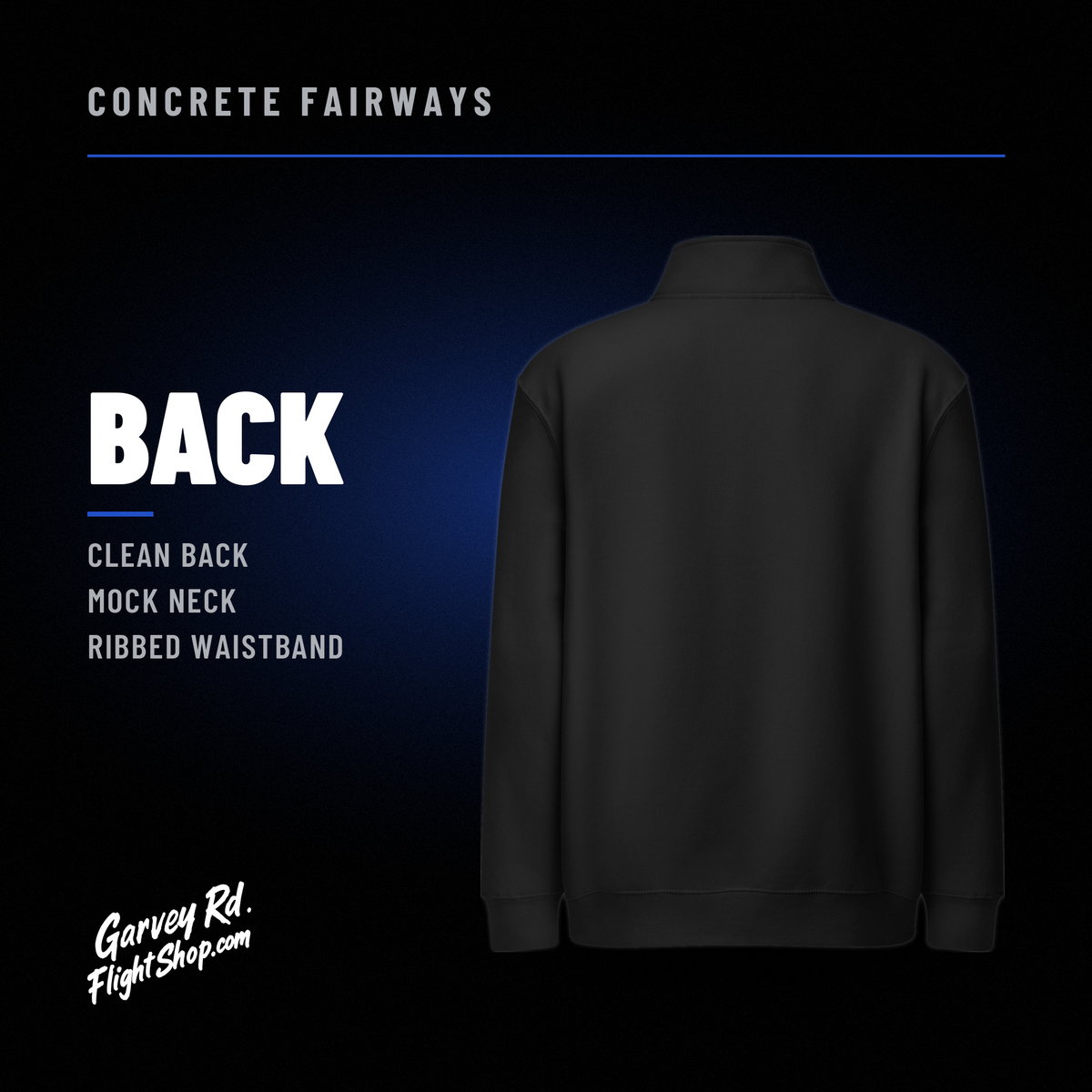 Back view of the black Concrete Fairways disc golf quarter-zip, Garvey Rd. Flight Shop
