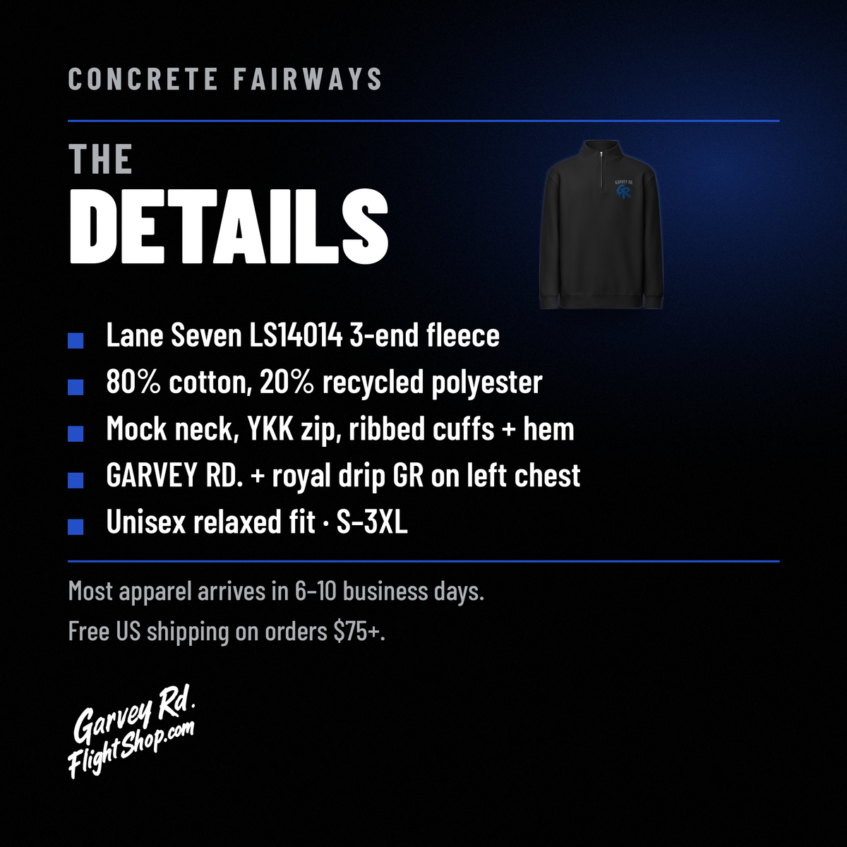 Concrete Fairways quarter-zip product details graphic, Garvey Rd. Flight Shop