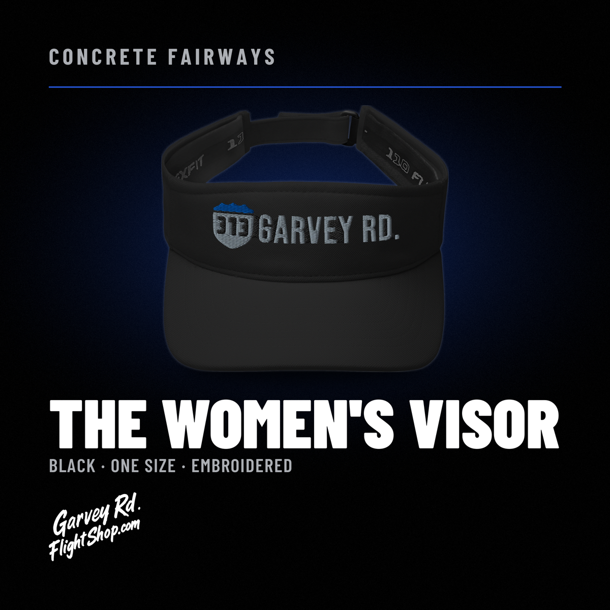 Concrete Fairways black women's visor with 313 shield and gray GARVEY RD. embroidery, Garvey Rd. Flight Shop