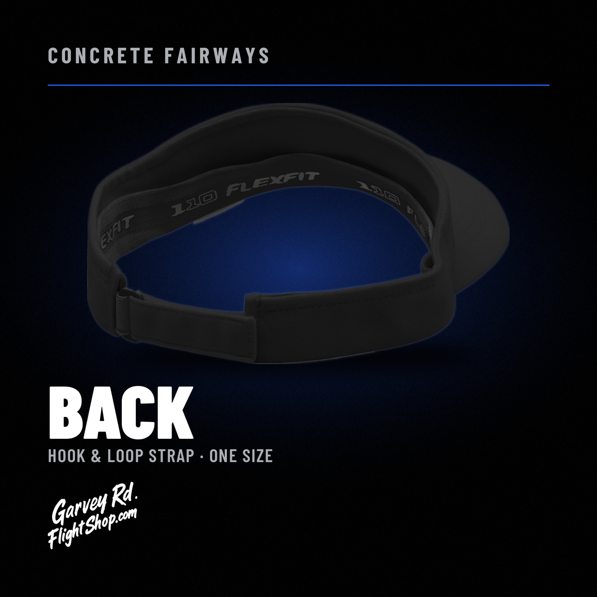 Back of the Concrete Fairways women's visor showing the hook & loop strap closure, one size