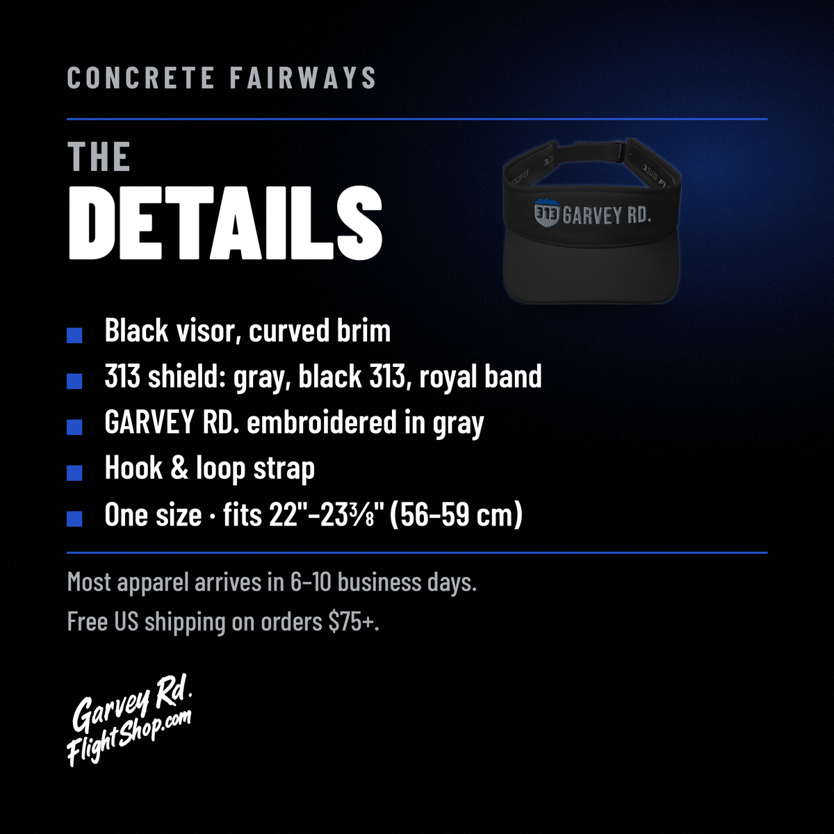 Concrete Fairways women's visor details: black curved brim, 313 shield, gray GARVEY RD. embroidery, hook & loop strap, fits 22 to 23 3/8 inch heads