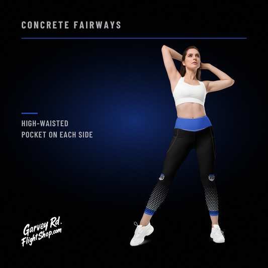 Model wearing black Concrete Fairways leggings with a royal high waistband and hex-dot fade at the ankles