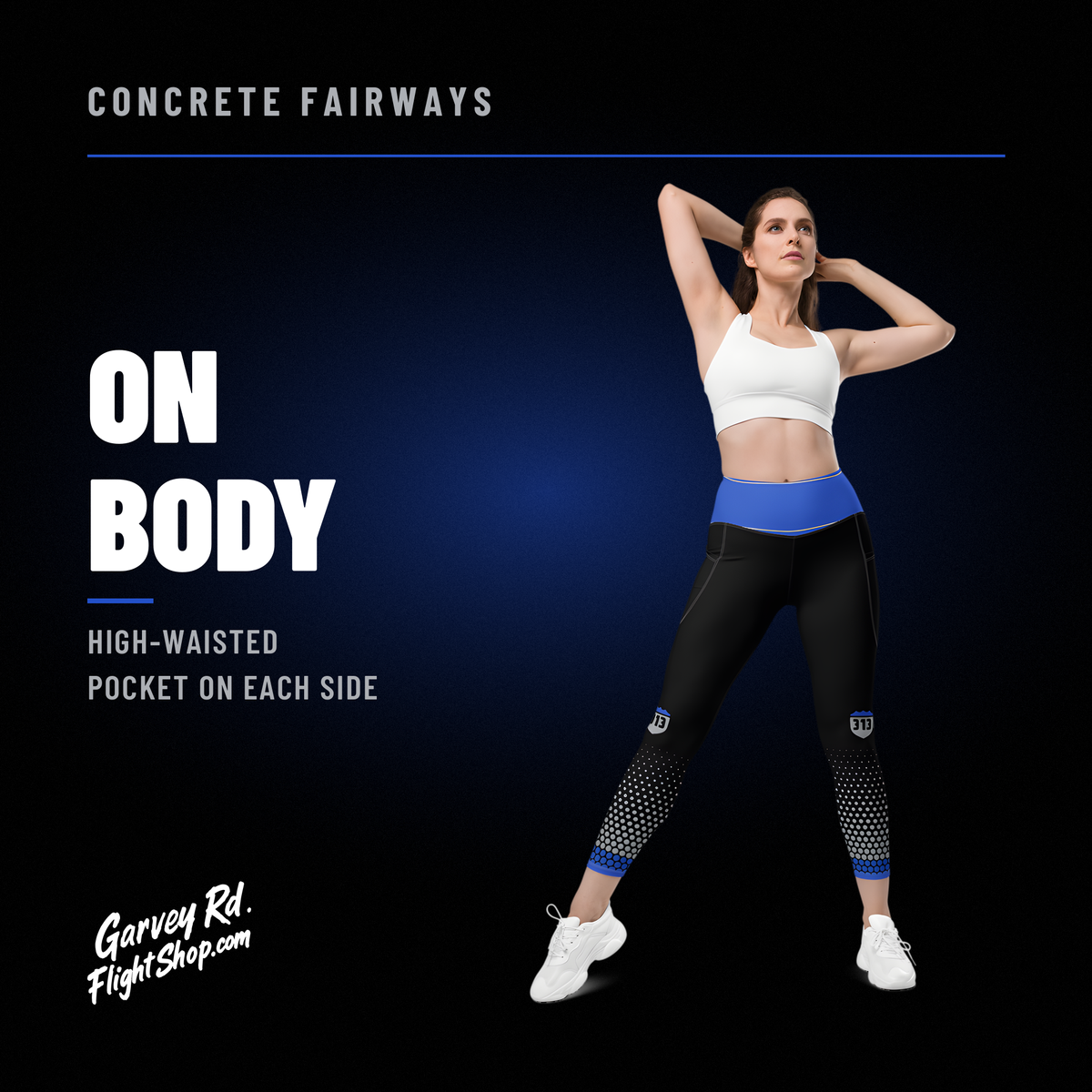 Model wearing black Concrete Fairways leggings with a royal high waistband and hex-dot fade at the ankles