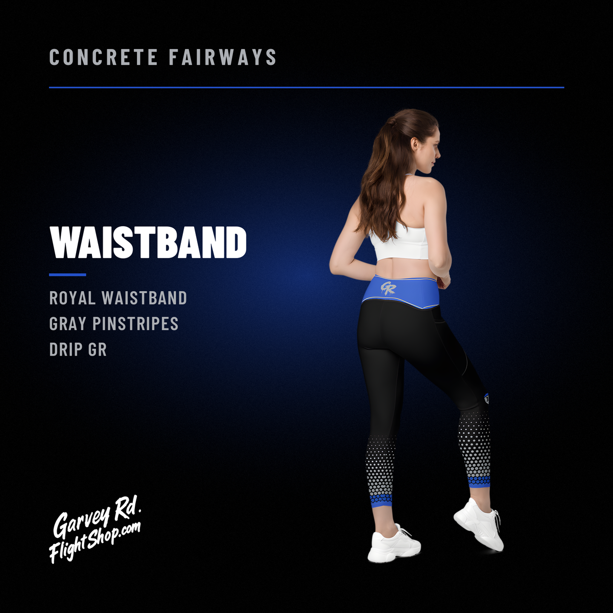 Back view of a model in Concrete Fairways leggings showing the royal waistband, gray pinstripes and drip GR