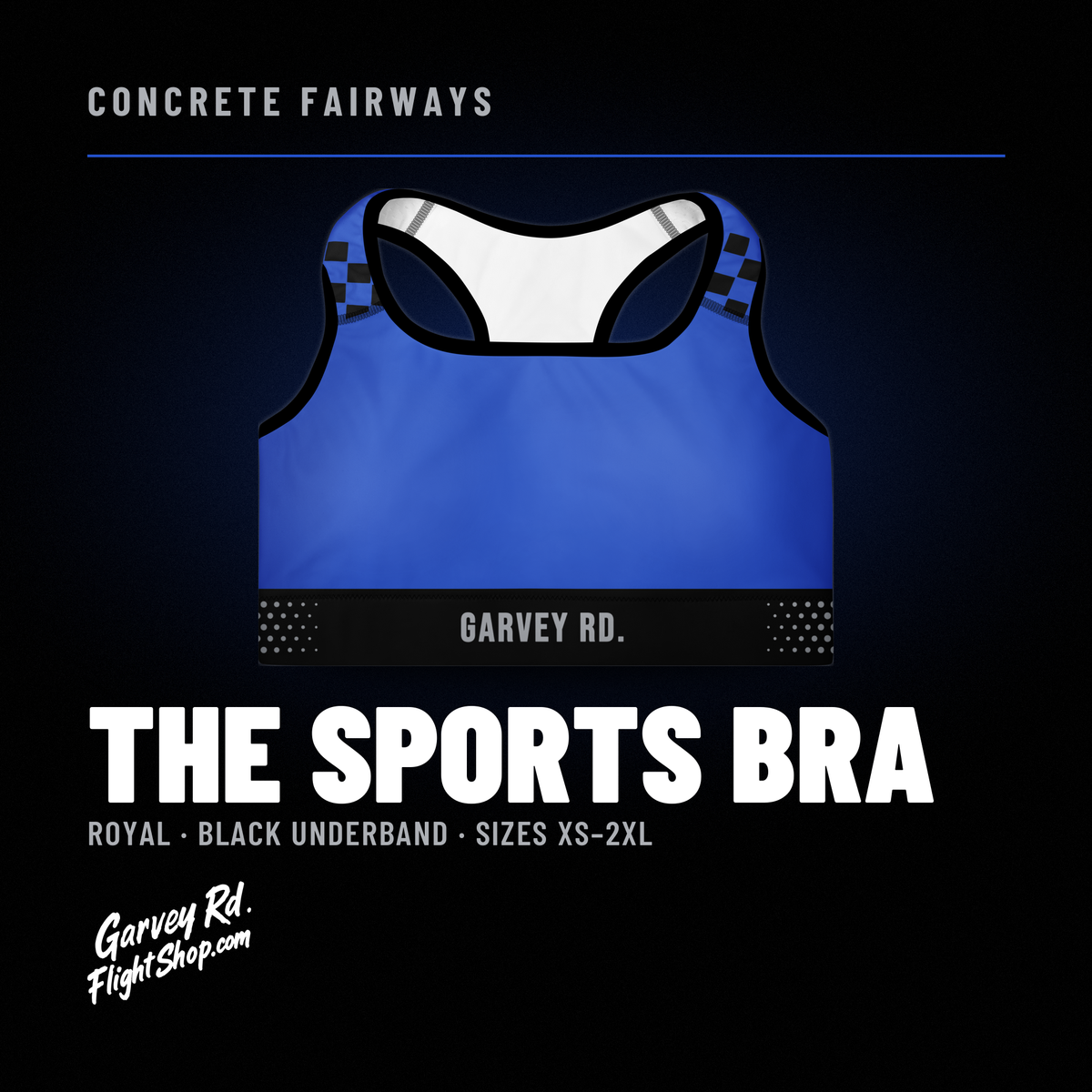 Concrete Fairways women's sports bra graphic: royal with black underband and gray GARVEY RD., sizes XS–2XL