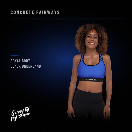 Model wearing the royal Concrete Fairways sports bra with black GARVEY RD. underband
