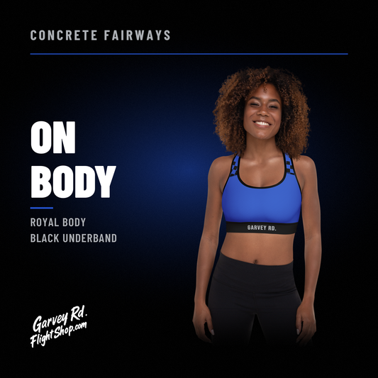 Model wearing the royal Concrete Fairways sports bra with black GARVEY RD. underband