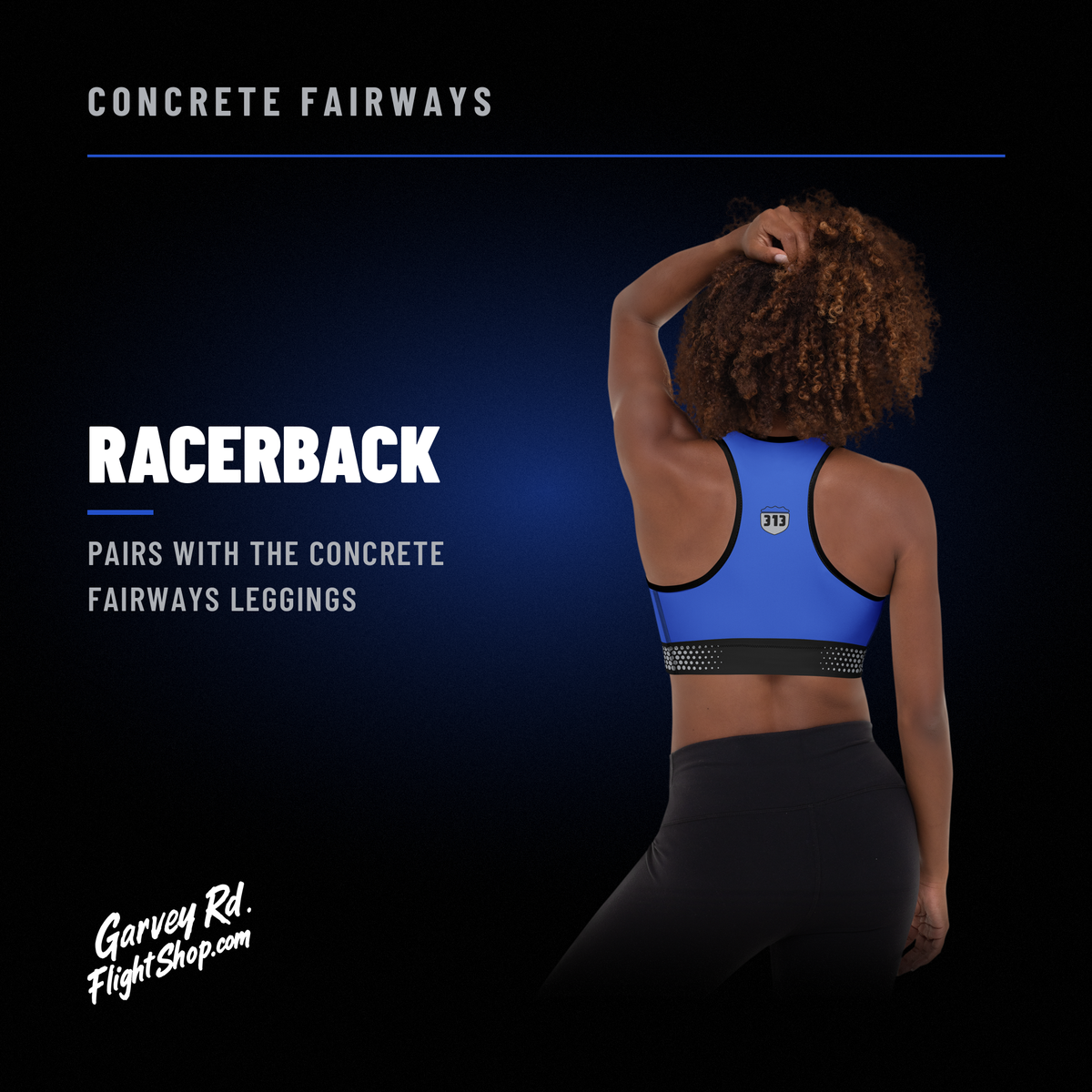 Back view of a model in the royal Concrete Fairways racerback sports bra, pairs with Concrete Fairways leggings