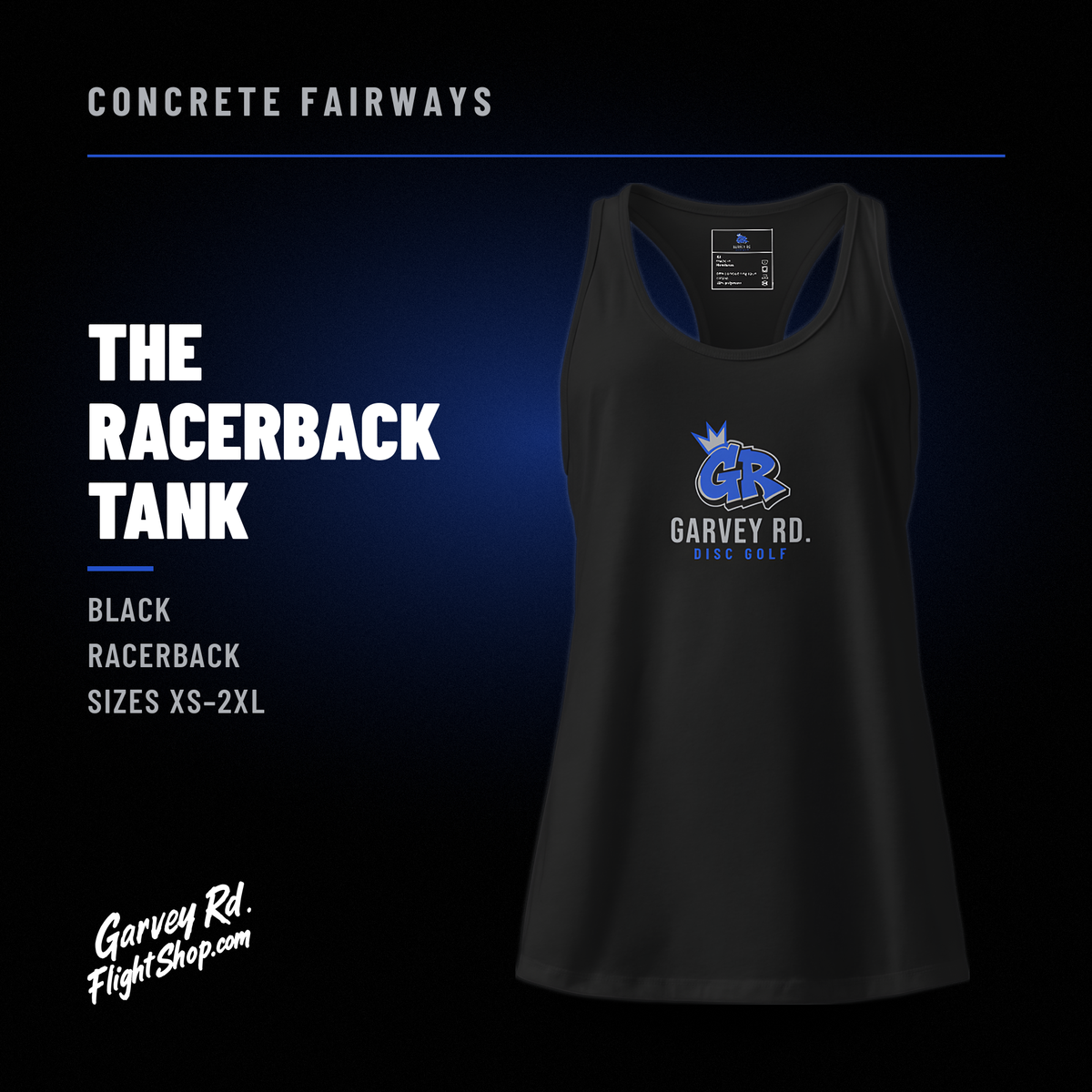 Concrete Fairways women's racerback tank graphic: black with royal crowned GR Garvey Rd. logo, sizes XS–2XL