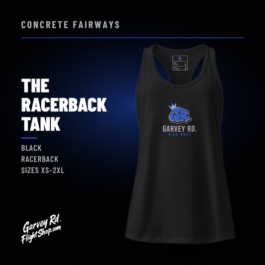 Concrete Fairways women's racerback tank graphic: black with royal crowned GR Garvey Rd. logo, sizes XS–2XL