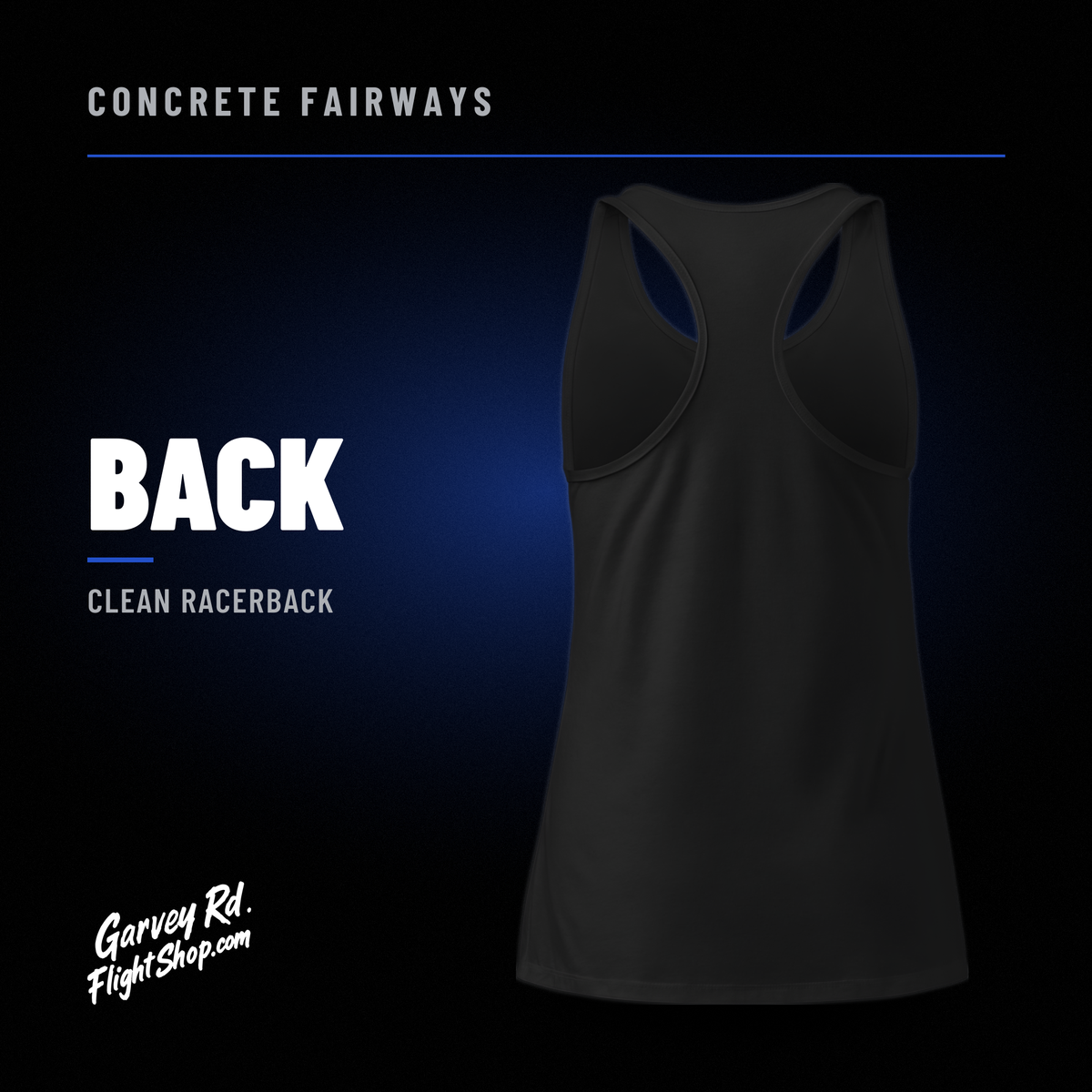 Back of Concrete Fairways racerback tank graphic showing the clean black racerback