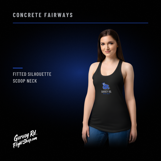 Model wearing the black Concrete Fairways racerback tank with the crowned GR chest logo