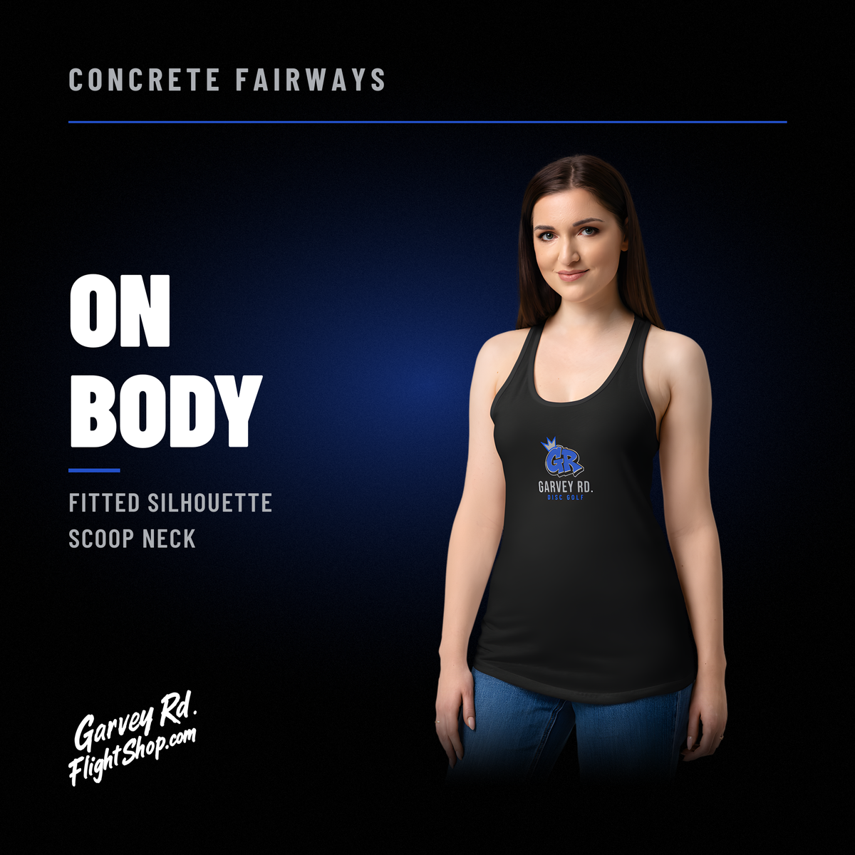 Model wearing the black Concrete Fairways racerback tank with the crowned GR chest logo