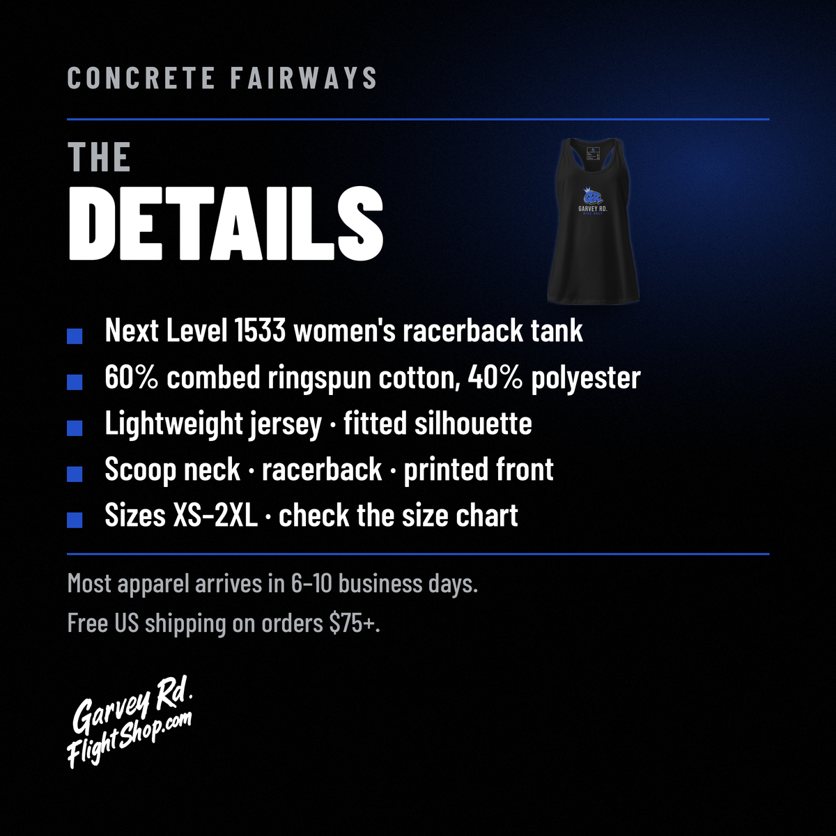 Concrete Fairways tank details: Next Level 1533, 60% cotton, 40% polyester, fitted racerback, sizes XS–2XL