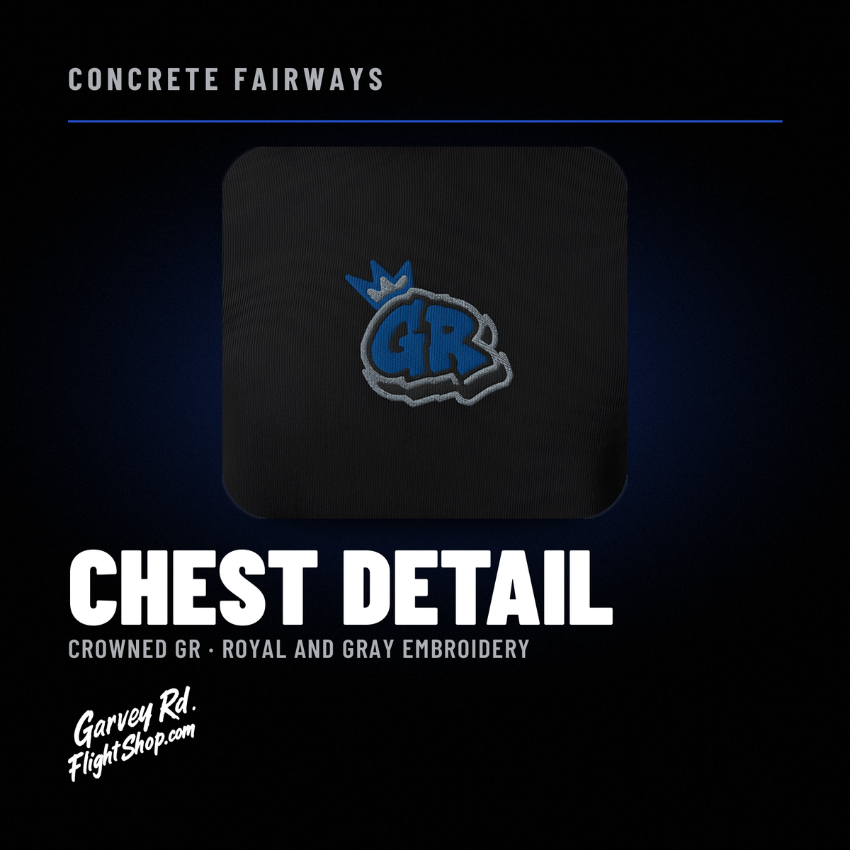 Concrete Fairways women's cropped hoodie – chest detail (crowned GR)