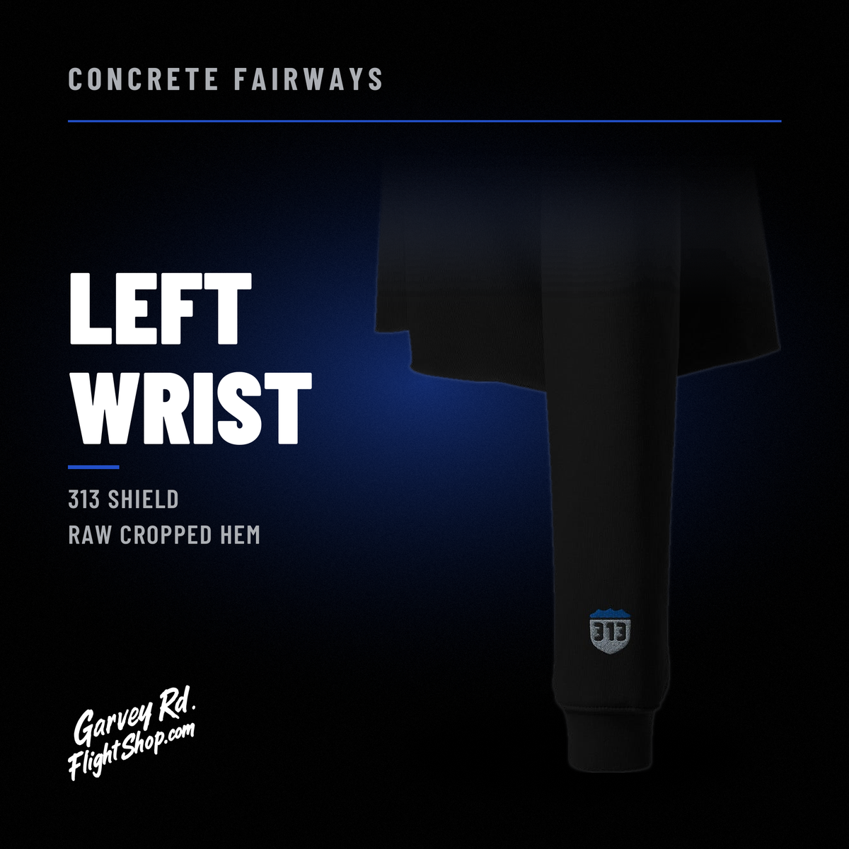 Concrete Fairways women's cropped hoodie – left wrist (313 shield)