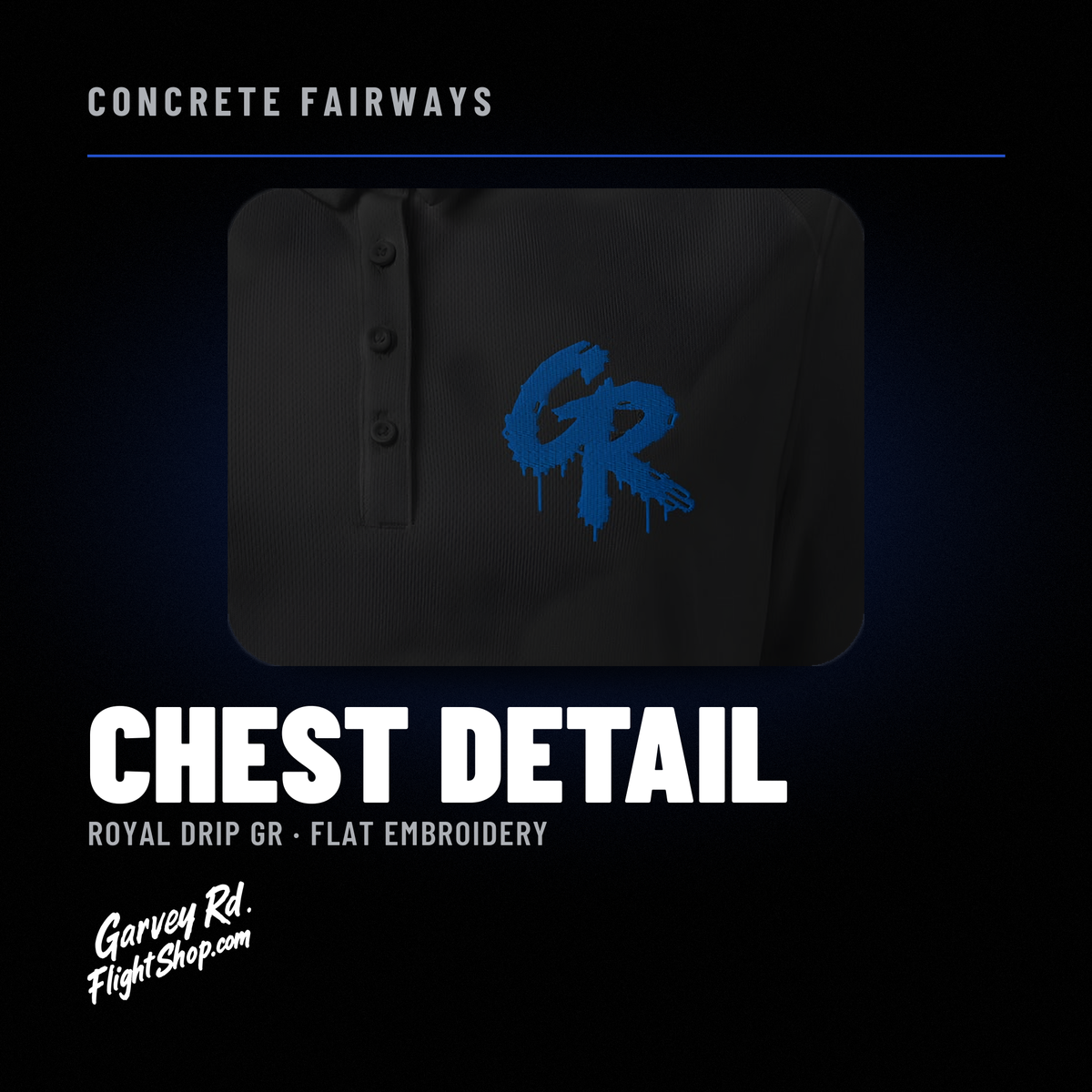 Concrete Fairways women's polo – chest detail (royal drip GR)