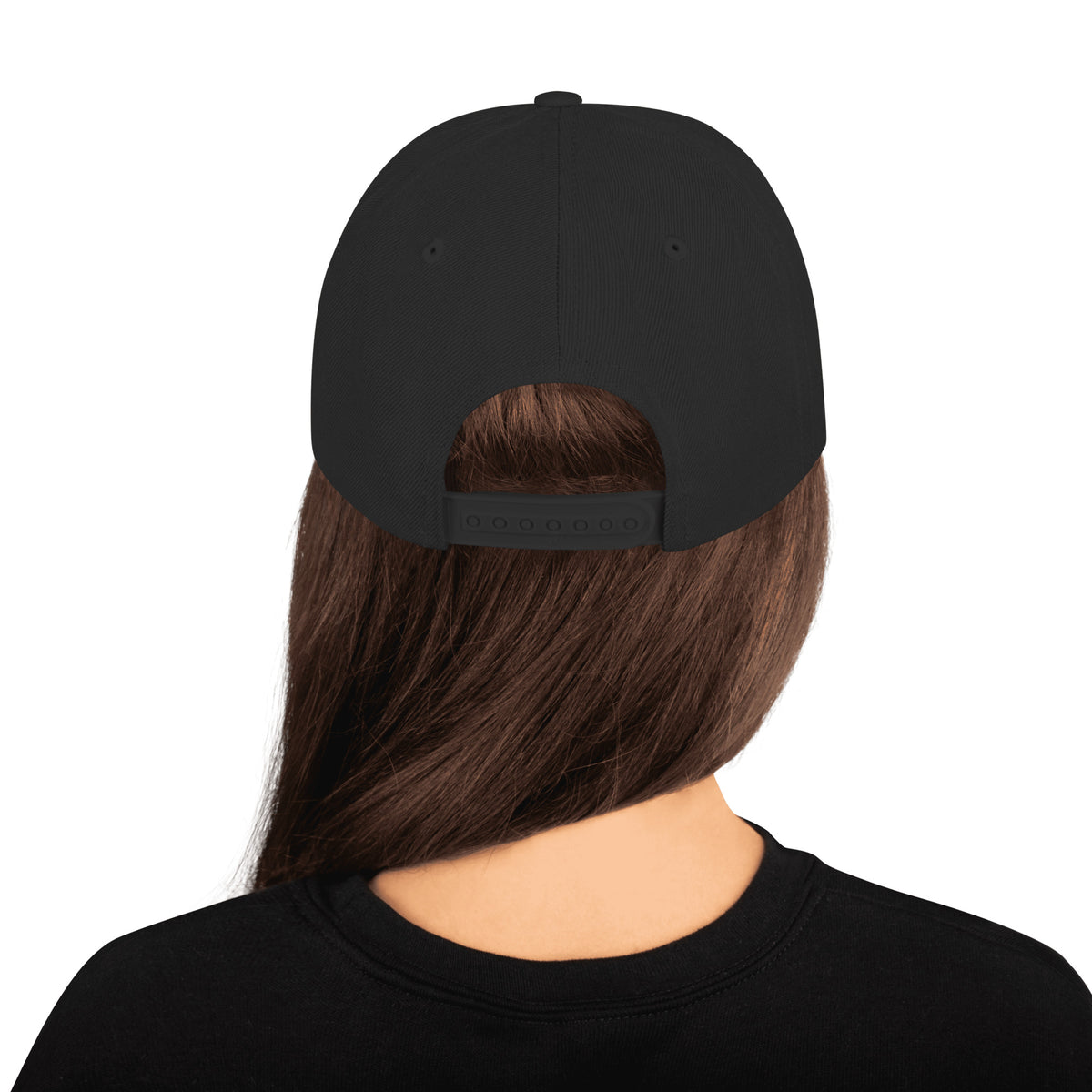 Back of the black Concrete Fairways snapback on a model, showing the plastic snap closure