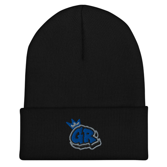Concrete Fairways disc golf cuffed beanie in black with royal and gray crowned GR embroidery on the cuff, front view