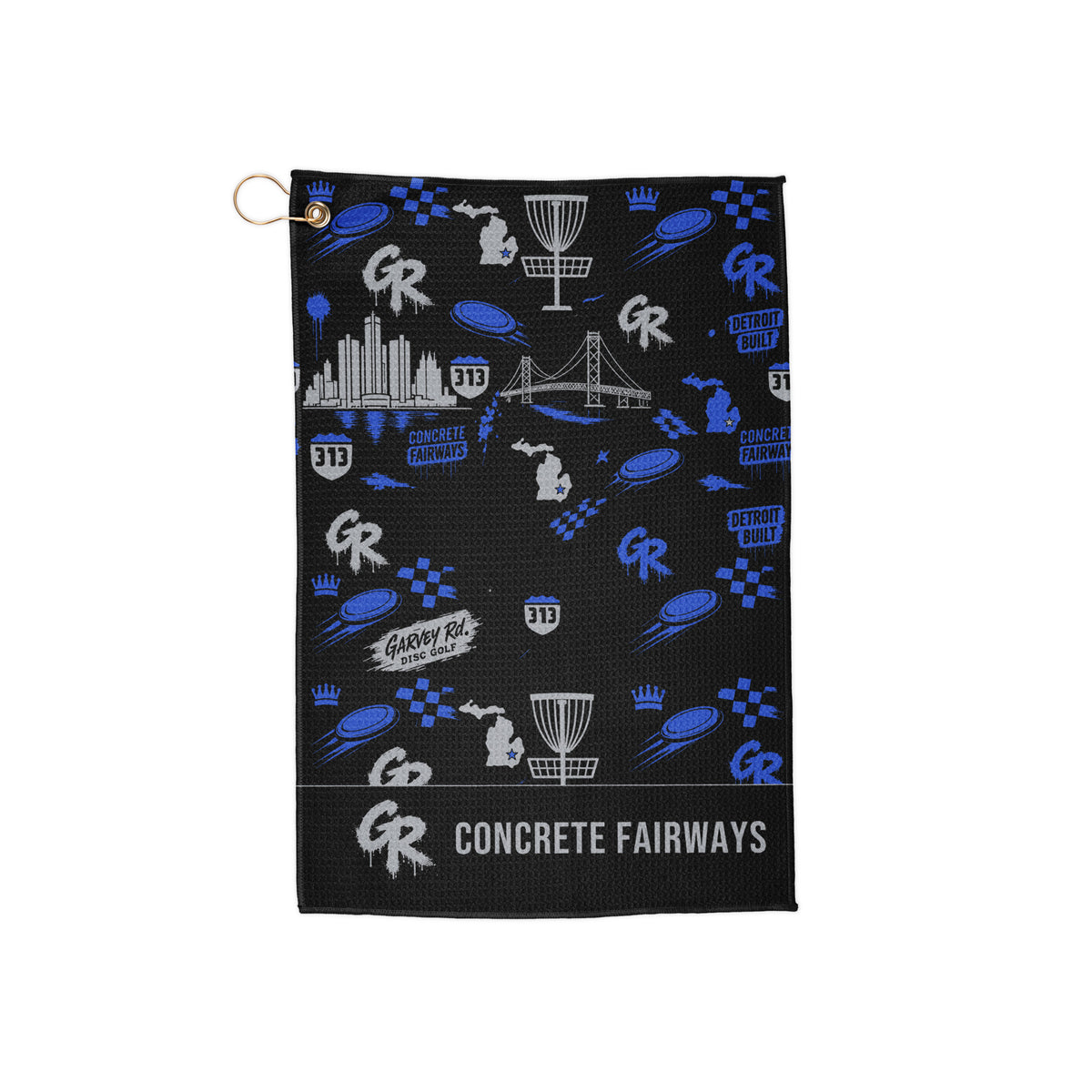 Concrete Fairways disc golf towel in black with royal and gray Detroit skyline, bridge, 313 and Michigan art, gold ring