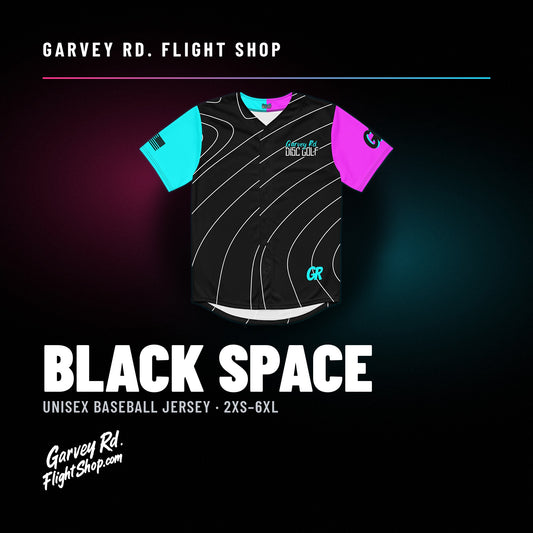 Garvey Rd. Disc Golf 'Black Space' unisex baseball jersey, front