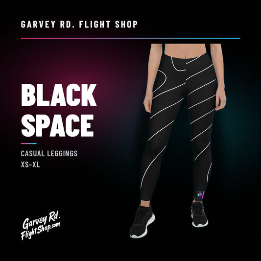 Garvey Rd. Disc Golf 'Black Space' casual leggings, model wearing, front