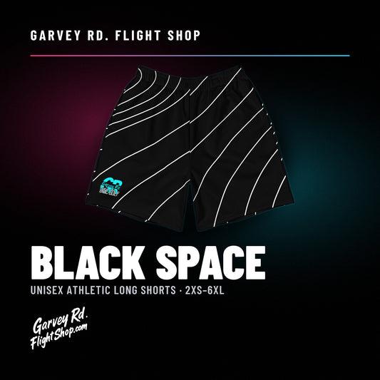 Garvey Rd. Disc Golf 'Black Space' unisex athletic long shorts, front