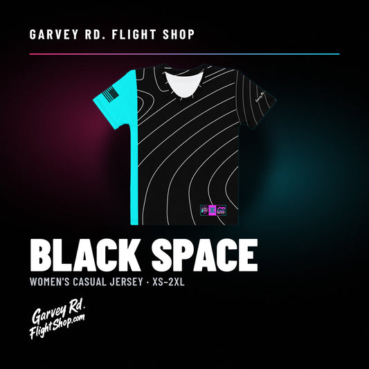 Garvey Rd. Disc Golf 'Black Space' women's casual jersey, front